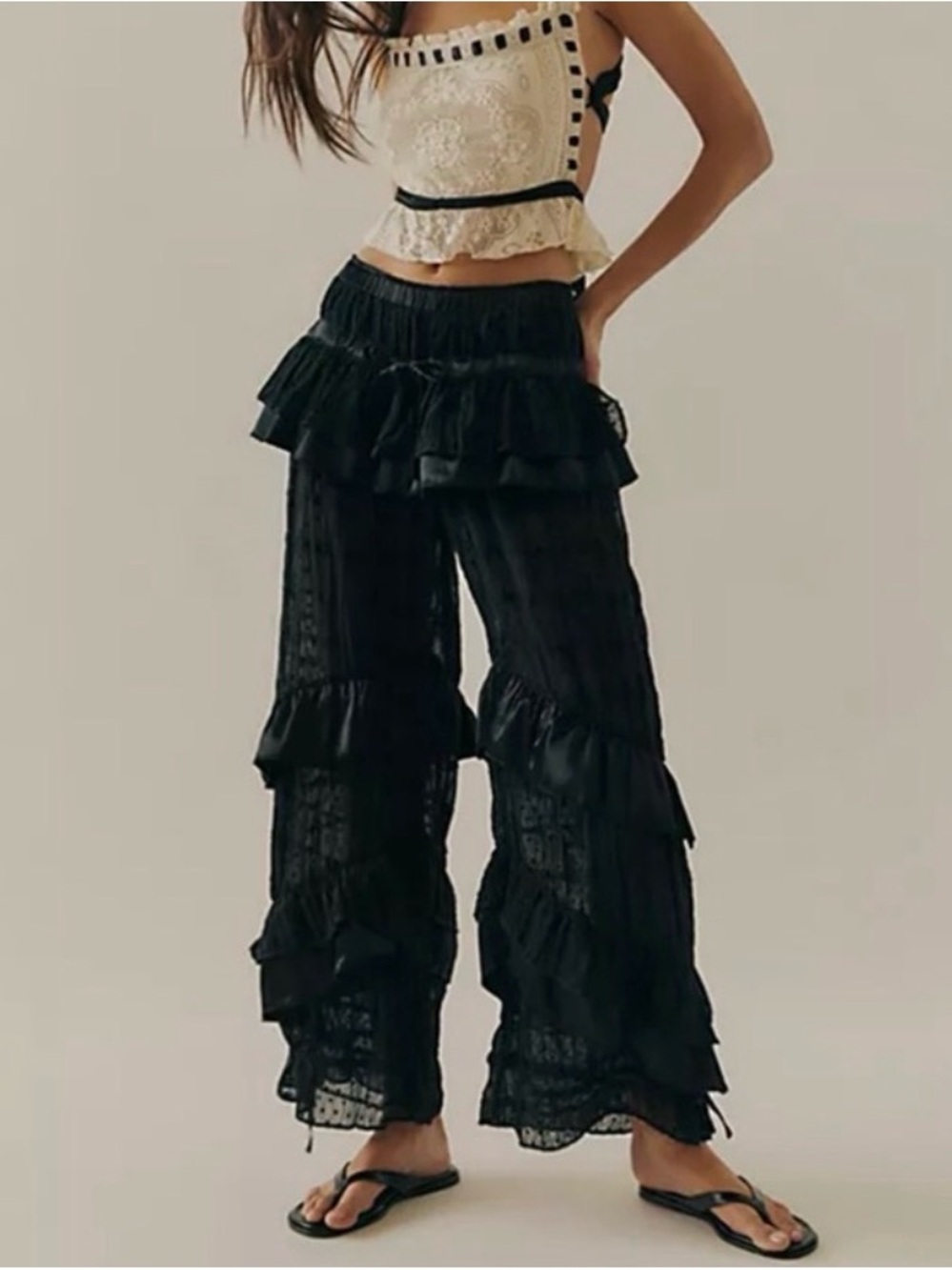 Free People Black Tiered Ruffle Wide-Leg Pants